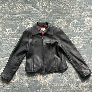 Oleg Cassini Black Leather Jacket Petite Medium